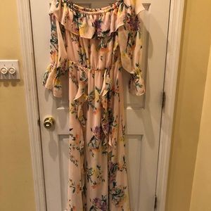 Off the shoulder long shear dress with mini skirt underneath